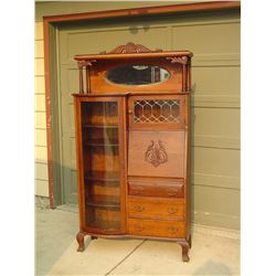 Quarter Cut Oak Carved Leaded Glass Bookcase Secretary Desk