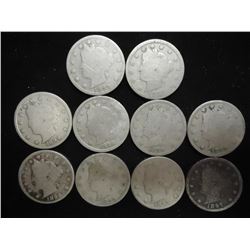 10 ASSORTED 1890'S LIBERTY "V" NICKELS