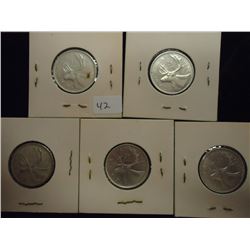 5 ASSORTED CANADA SILVER 25 CENTS