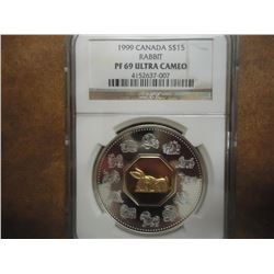 1999 CANADA SILVER $15 NGC PF69 ULTRA CAMEO 24KT GOLD INLAY RABBIT