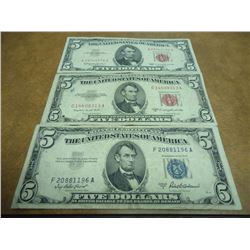 LOT OF US $5 CURRENCY SEE DESCRIPTION 1953-A SILVER CERTIFICATE BLUE SEAL, 1953-B US NOTE RED SEAL A