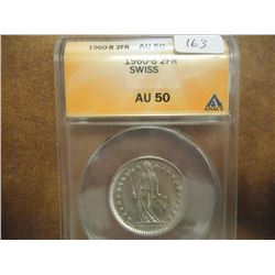 1960-B SWISS SILVER 2 FRANC ANACS AU50