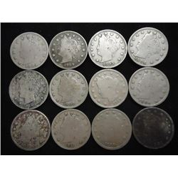 12 ASSORTED 1900'S LIBERTY "V" NICKELS