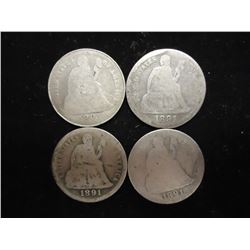 4 ASSORTED 1891 SEATED LIBERTY DIMES