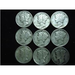 9 ASSORTED MERCURY DIMES