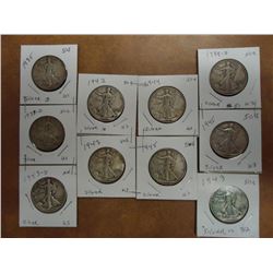 10 ASSORTED WALKING LIBERTY HALF DOLLARS