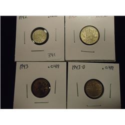 4 SILVER COIN LOT SEE DESCRIPTION NETHERLANDS 1942 1/10 GULDEN AND 1942 1/4 GULDEN, AUSTRALIA 1943 &