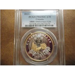 2011 CANADA SILVER DOLLAR PCGS PR69 DCAM 100TH ANNIVERSARY GILT