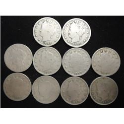 10 ASSORTED 1890'S LIBERTY "V" NICKELS