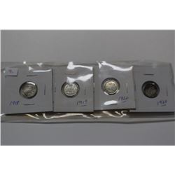 4 King George 10¢ Coins - 1918, 1919, 1920, 1920