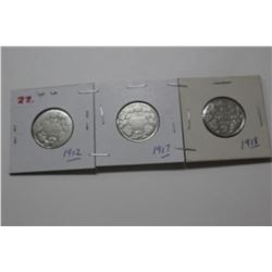 3 Silver Quarters - 1912, 1917, 1918