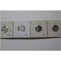 4 Nfld. Silver 10 Cent Coins - 1938, 1941, 1944, 1945