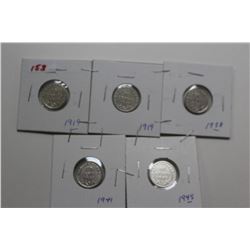 5 Nfld. 10 Cent Silver Coins - 2-1919; 1-1938; 1-1941; 1-1945