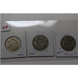 3 - 50 Cent Silver Coins - 1-1940; 1-1942; 1-1943