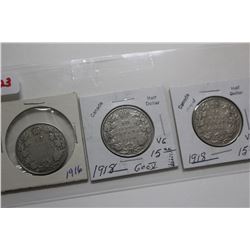 3 - 50 Cent Silver Coins - 1-1916; 2-1918