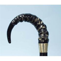 An English ebonized wood walking stick with carved horn handle and decorative silver band. Hallma…