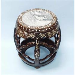A fine Chinese carved blackwood stand, inlaid with mother of pearl decoration, with rouge marble …