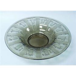ART DECO - VERROR. A French smoked art glass bowl with long rim decorated with geometrical acid c…
