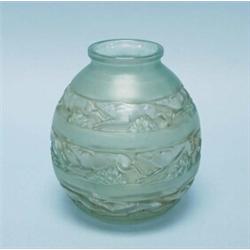 R. LALIQUE, FRANCE. "Soudan." A frosted glass vase with green enamel decoration. Signed. 7" high.…