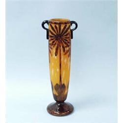 LE VERRE FRANCAIS - CHARDER - "Decor Cocotier." A very good French cameo glass vase. Orange fused…