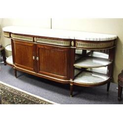 A magnificent antique French Louis XVI style D-shaped mahogany and fruit wood buffet. The heavy v…