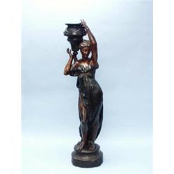 A pair of life size antique French bronze patinated figures. Each classical beauty carrying a wat…