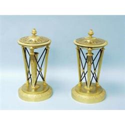 A fine pair of antique French Empire style gilt bronze burners. Each globular burner with pierced…