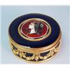 Image 1 : An antique French Limoges porcelain box. Circular cobalt blue enamel case decorated with a centra…