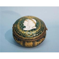 An antique French Sevres porcelain covered box. Green ground hand painted with relief gold and bi…