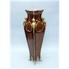 An antique French Louis XV style kingwood and tulipwood pedestal with rouge marble top. The serpe…