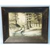 A framed antique Japanese embroidery depicting a forest scene with a creek. 14" x 18".…