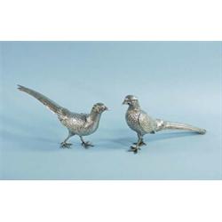 A pair of 19th century French sterling silver figures of two pheasants. Finely chiselled. Fully h…