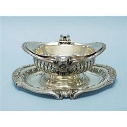 TETARD FRES, FRANCE - An exceptional antique French sterling silver sauce boat with matching tray…