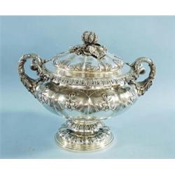 An important antique English sterling silver covered centrepiece by Edward Barnard. The ribbed gl…