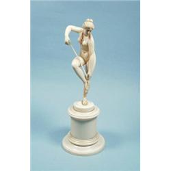 Diana. - A finely carved antique French vitrine size ivory figure of a nude woman. On stepped cir…