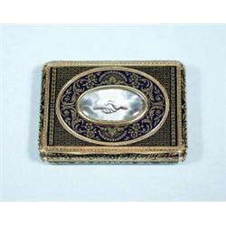 An antique Swiss enamelled gold box. Rectangular form, black lattice work ornamentation surrounds…