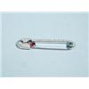 Image 1 : An 18 kt. white gold brooch in form of a safety pin. Set with diamonds , a facetted ruby, sapphir…