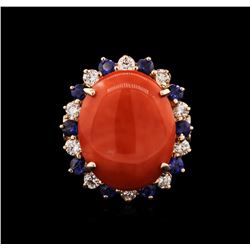 14KT Rose Gold 9.80ct Red Coral, Sapphire and Diamond Ring