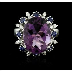 14KT White Gold 8.37 Amethyst, Sapphire and Diamond Ring