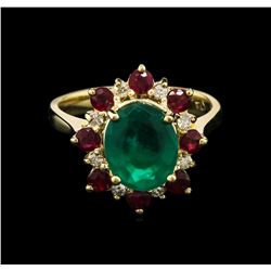 2.37ct Emerald, Ruby and Diamond Ring - 14KT Yellow Gold