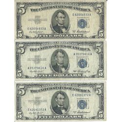 1953 $5 Silver Certificate Currency Lot of 3