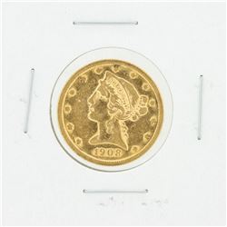 1908 $5 VF Liberty Head Half Eagle Gold Coin