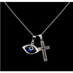 14KT White Gold Cross and Evil Eye Pendant With Chain