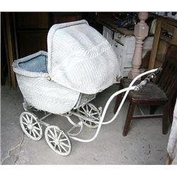 Wicker Baby Carriage w/ wooden spoked wheels