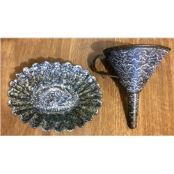 Small Graniteware Funnerl & Muffin Tin w/ Embossed Rabbit