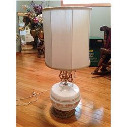 Vintage Brass / White Glass Lamp w/ Gold Trim Silk Shade 1950's