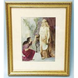 Servant Girl Greeting Her Lady. An antique German porcelain plaque handpainted with an orientalis…