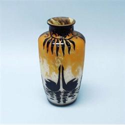 LE VERRE FRANCAIS - CHARDER. "Decor Cygnes." A rare French cameo art glass vase decorated with pa…