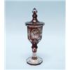 Image 1 : An antique Bohemian ruby glass covered cup. The facetted sides etched with various medallions and…