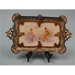 A fine antique French bevelled glass salon mirror. Scroll decorated gilt wood frame with etched g…